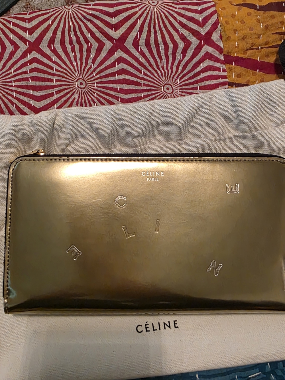 Celine Metallic Gold Zip Wallet With COA